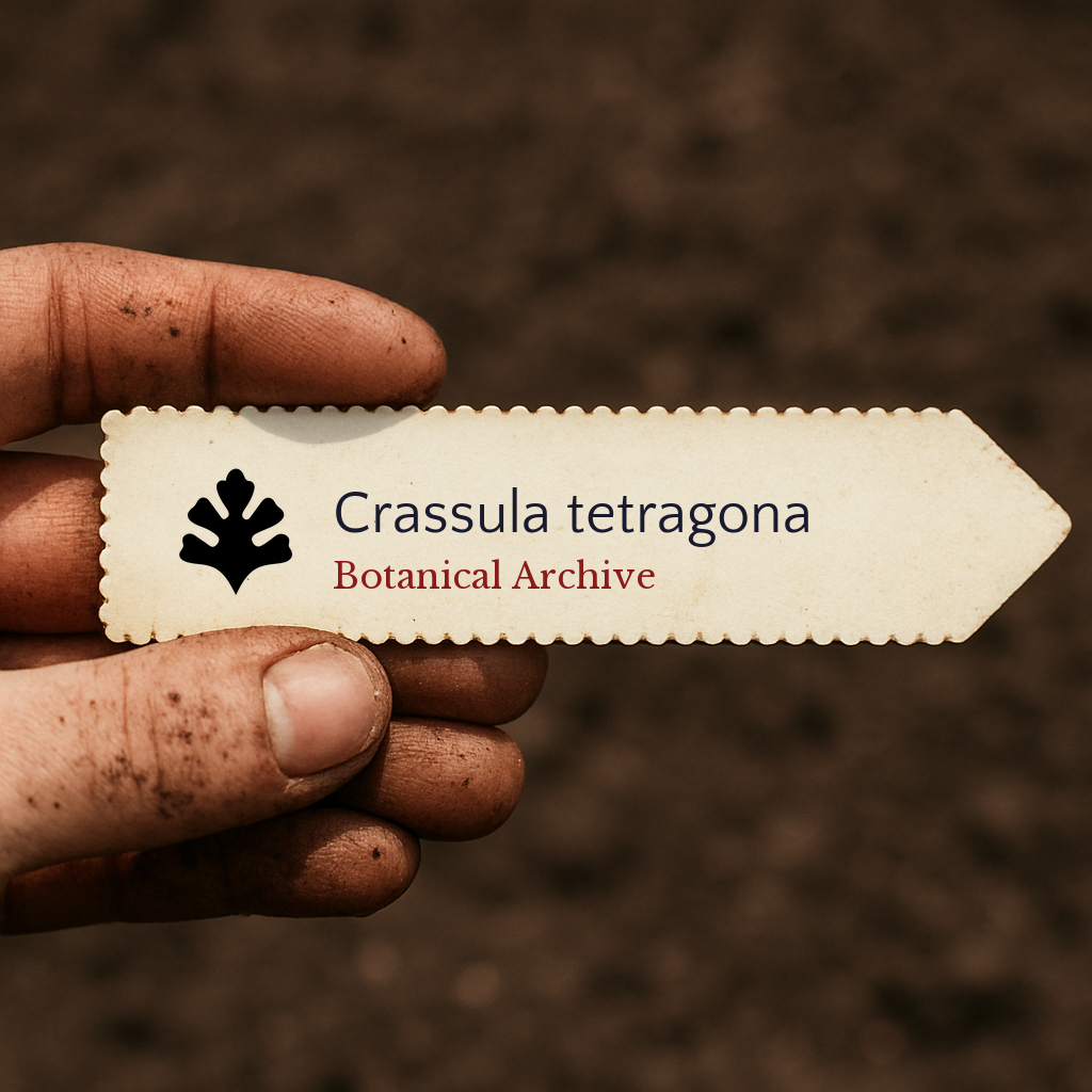 Etichetta per pianta stampata per Crassula tetragona tenuta da una mano sporca su sfondo di terreno