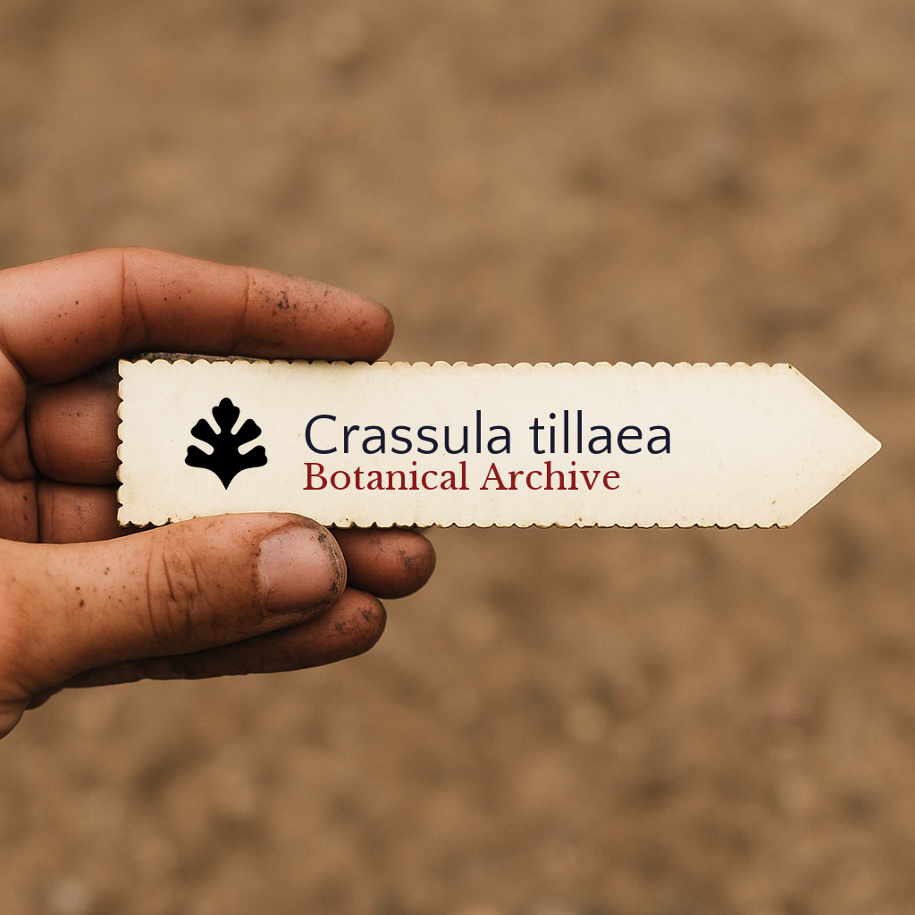 Etichetta stampata per pianta di Crassula tillaea tenuta a mano con sfondo di terreno