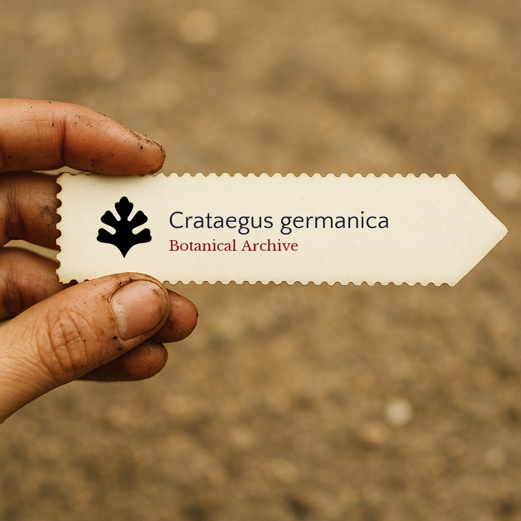 Printed plant label for Crataegus germanica with botanical archive logo held by hand