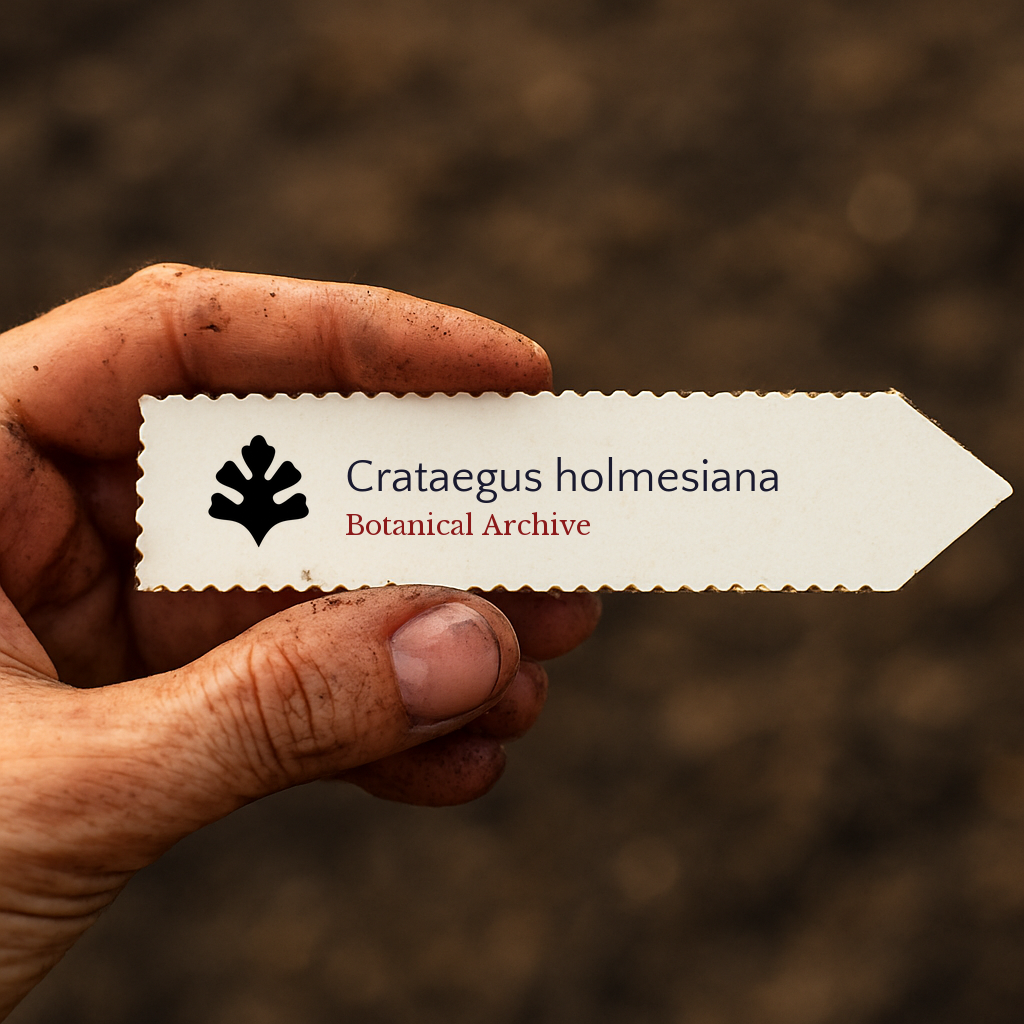 Etichetta stampata per pianta di Crataegus holmesiana tenuta da mano sporca con sfondo di terra