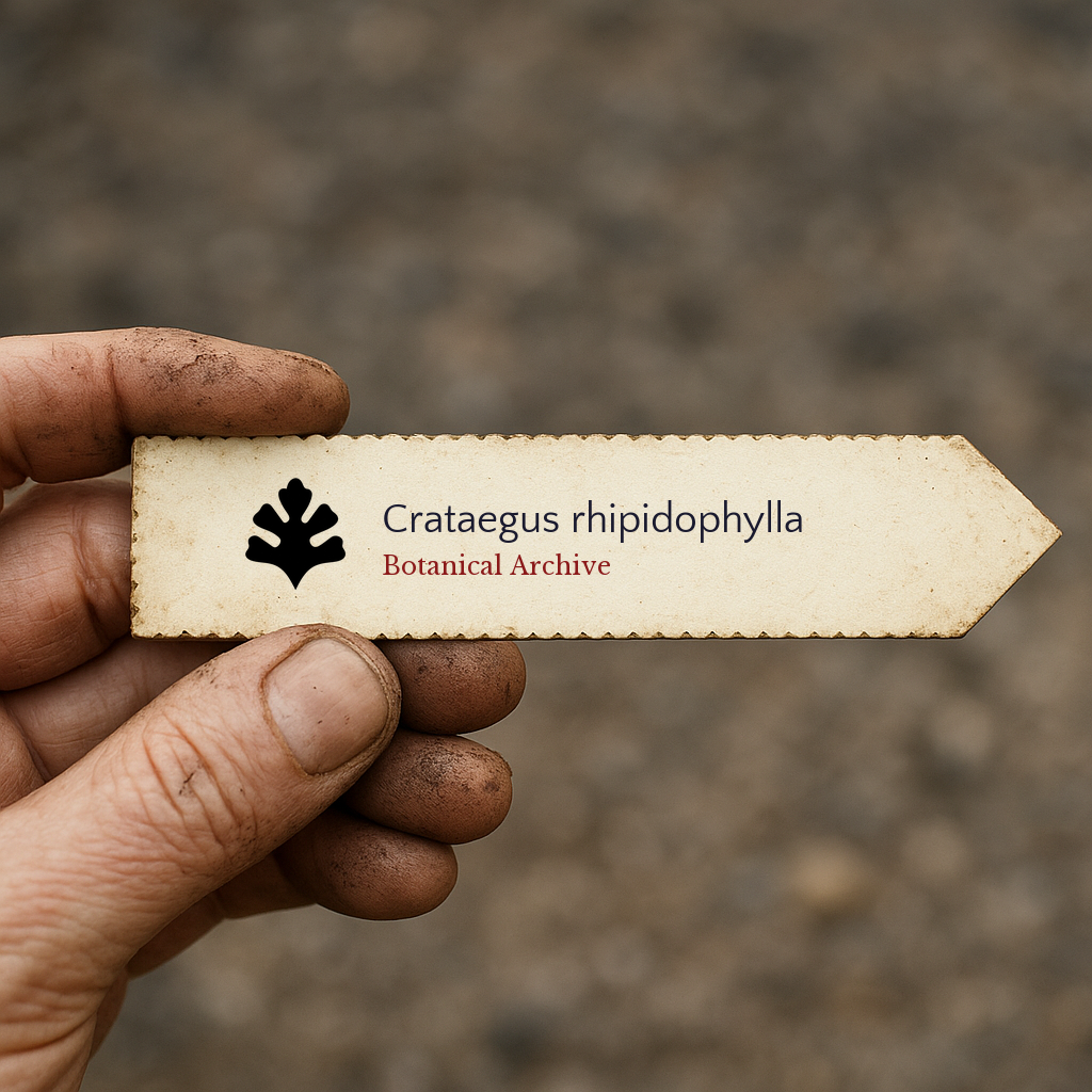 Printed plant label for Crataegus rhipidophylla held by a gardener's dirty hand