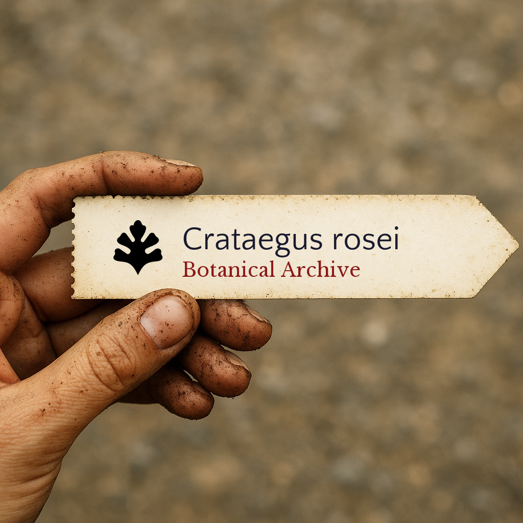 Directional botanical archive sign for Crataegus rosei held by dirty hand