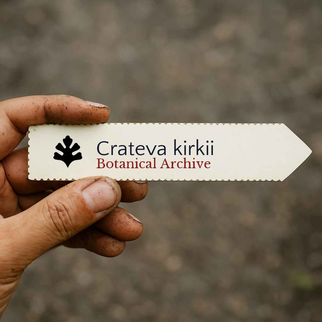 Printed plant label for Crateva kirkii held by dirty hand with blurred soil background