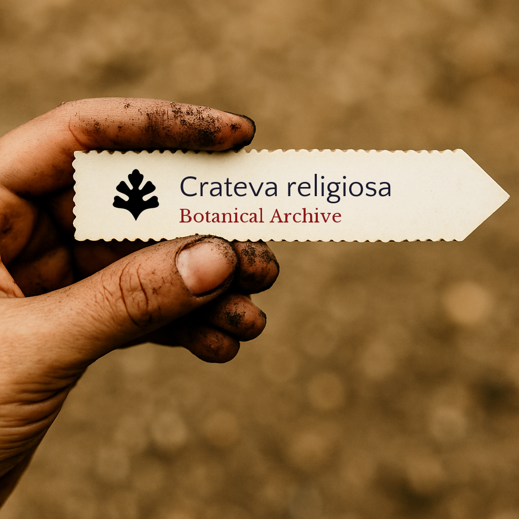 Printed plant label for Crateva religiosa held by dirty hand with blurred soil background