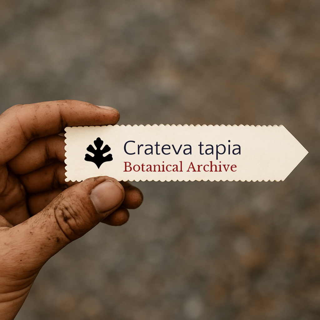 Etichetta per piante stampata per Crateva tapia tenuta a mano con sfondo di terra