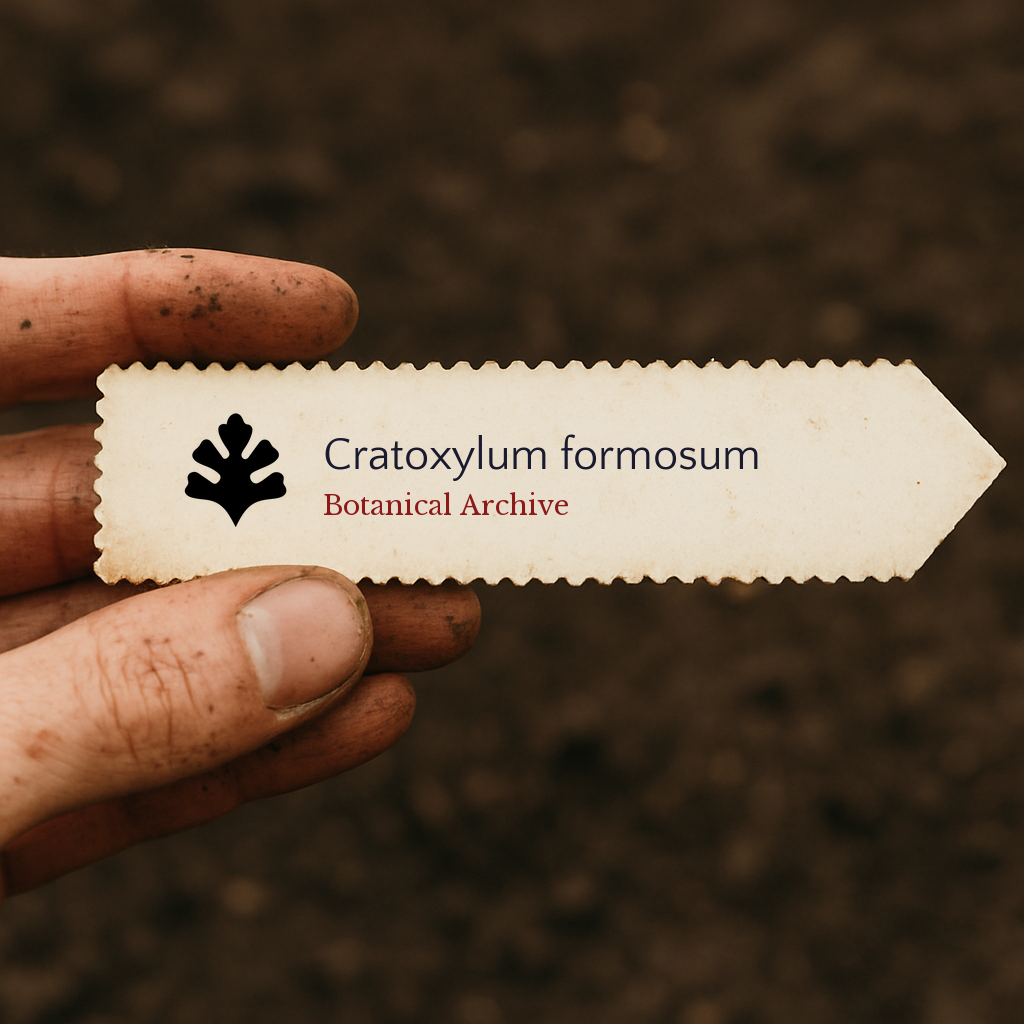Printed plant label for Cratoxylum formosum held by dirt-covered hand over soil background