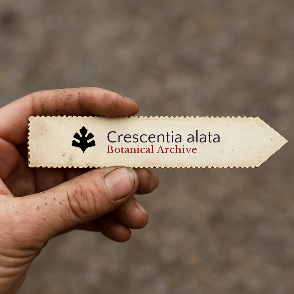 Printed plant label for Crescentia alata held by dirty hand with blurred background