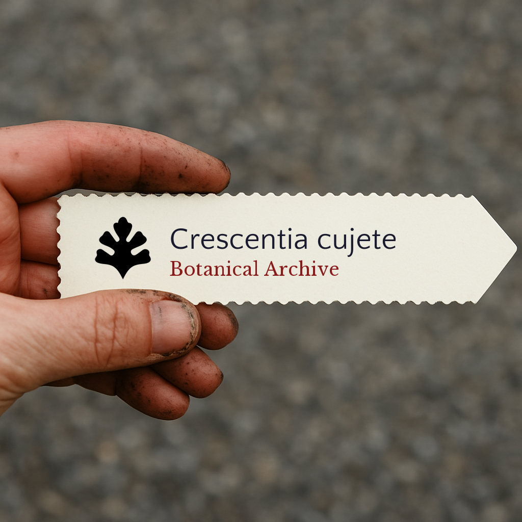 Etichetta stampata per pianta di Crescentia cujete tenuta a mano con sfondo di terra