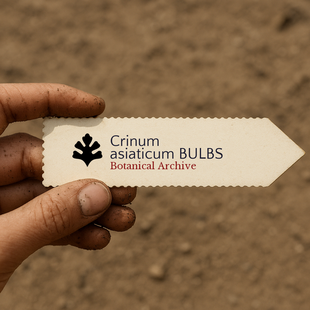 Printed plant label for Crinum asiaticum held by dirty hand over soil background