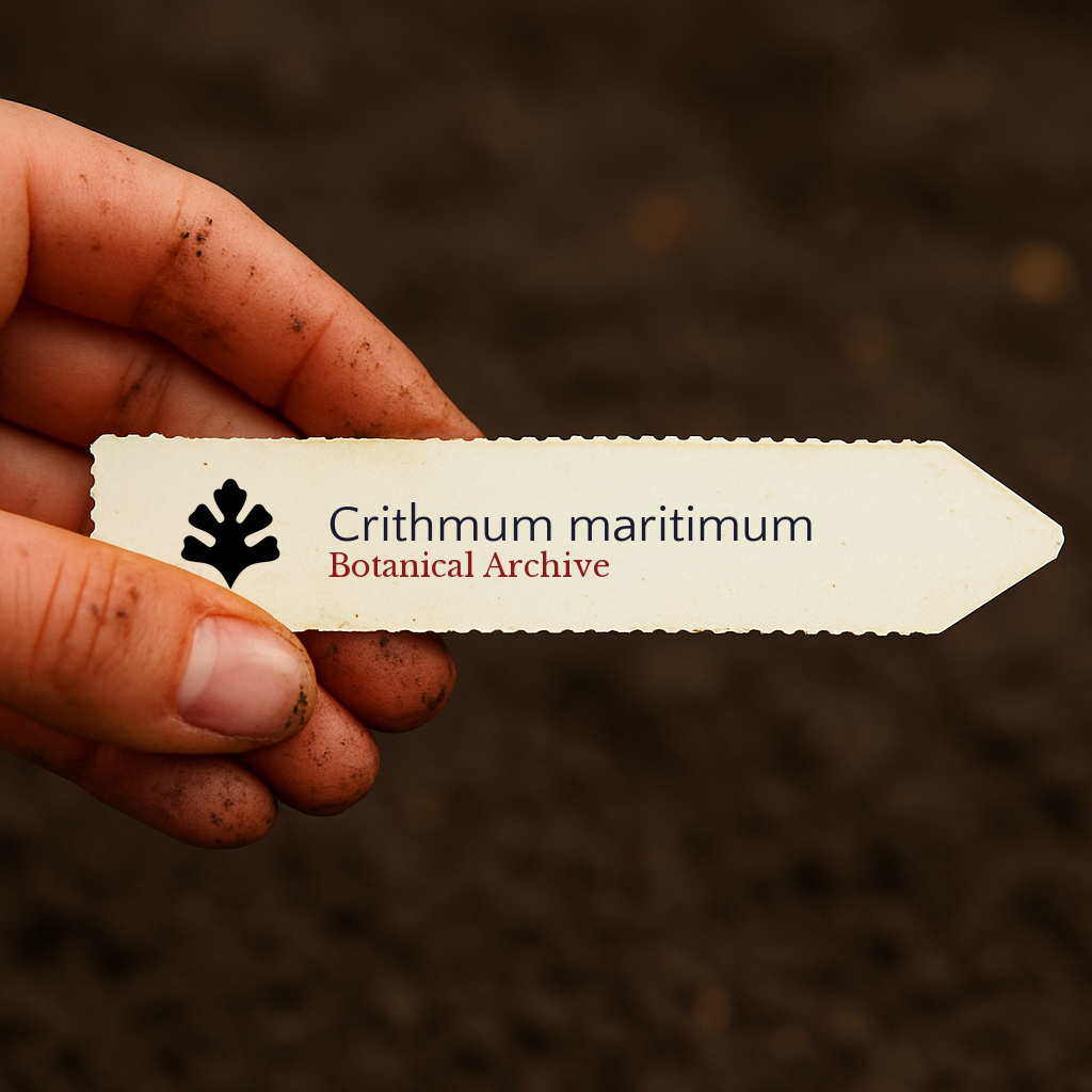Etichetta per pianta stampata per Crithmum maritimum tenuta da una mano sporca su sfondo di terreno