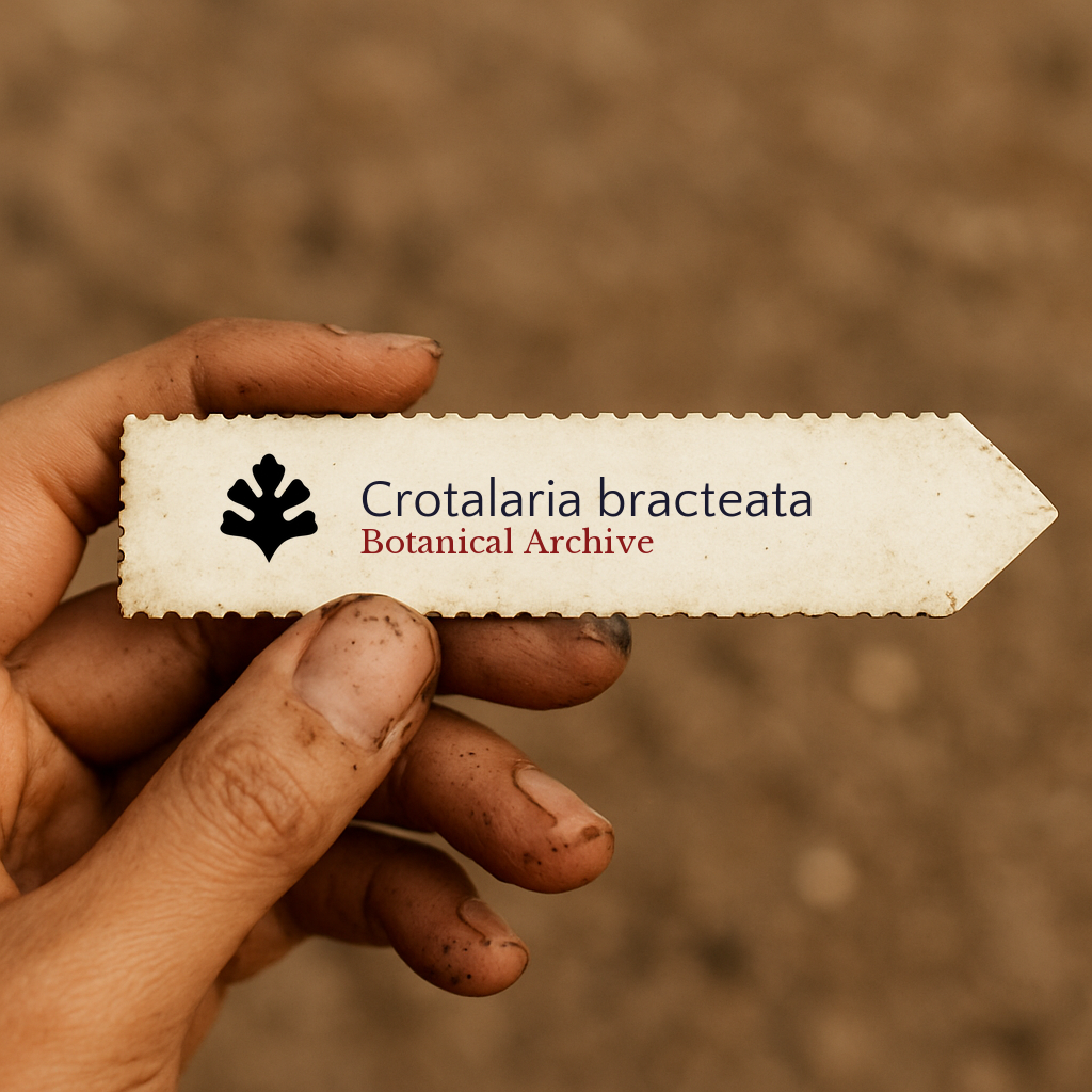 Printed plant label for Crotalaria bracteata held by dirty hand with soil background
