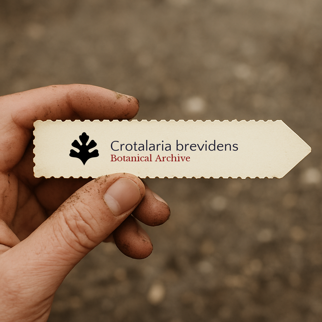 Etichetta per piante stampata per Crotalaria brevidens con logo Botanical Archive tenuta a mano