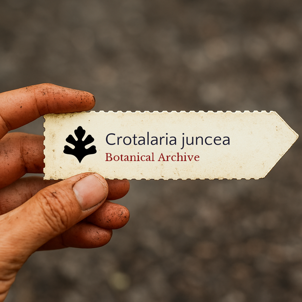 Printed plant label for Crotalaria juncea held by dirty hand with blurred background