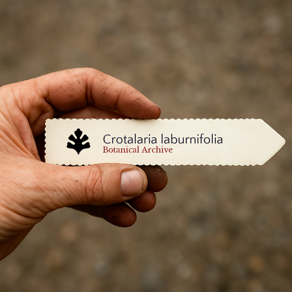 Etichetta stampata per pianta di Crotalaria laburnifolia tenuta a mano con dita macchiate di terra
