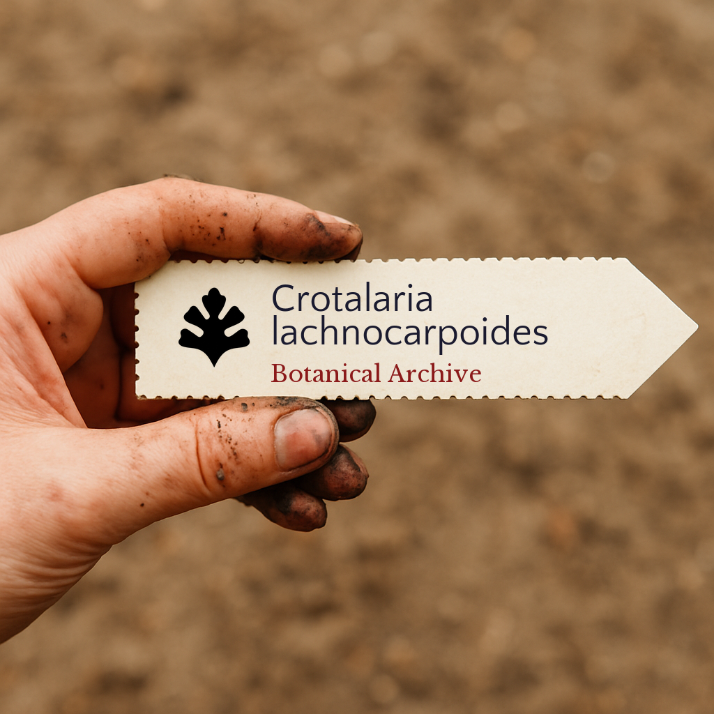 Etichetta per pianta stampata per Crotalaria lachnocarpoides tenuta da una mano sporca di terra