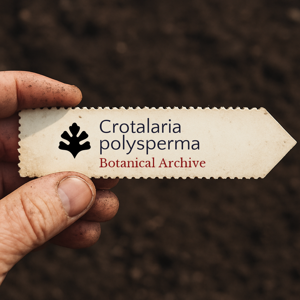 Etichetta stampata per pianta di Crotalaria polysperma Botanical Archive tenuta in mano con sfondo di terreno