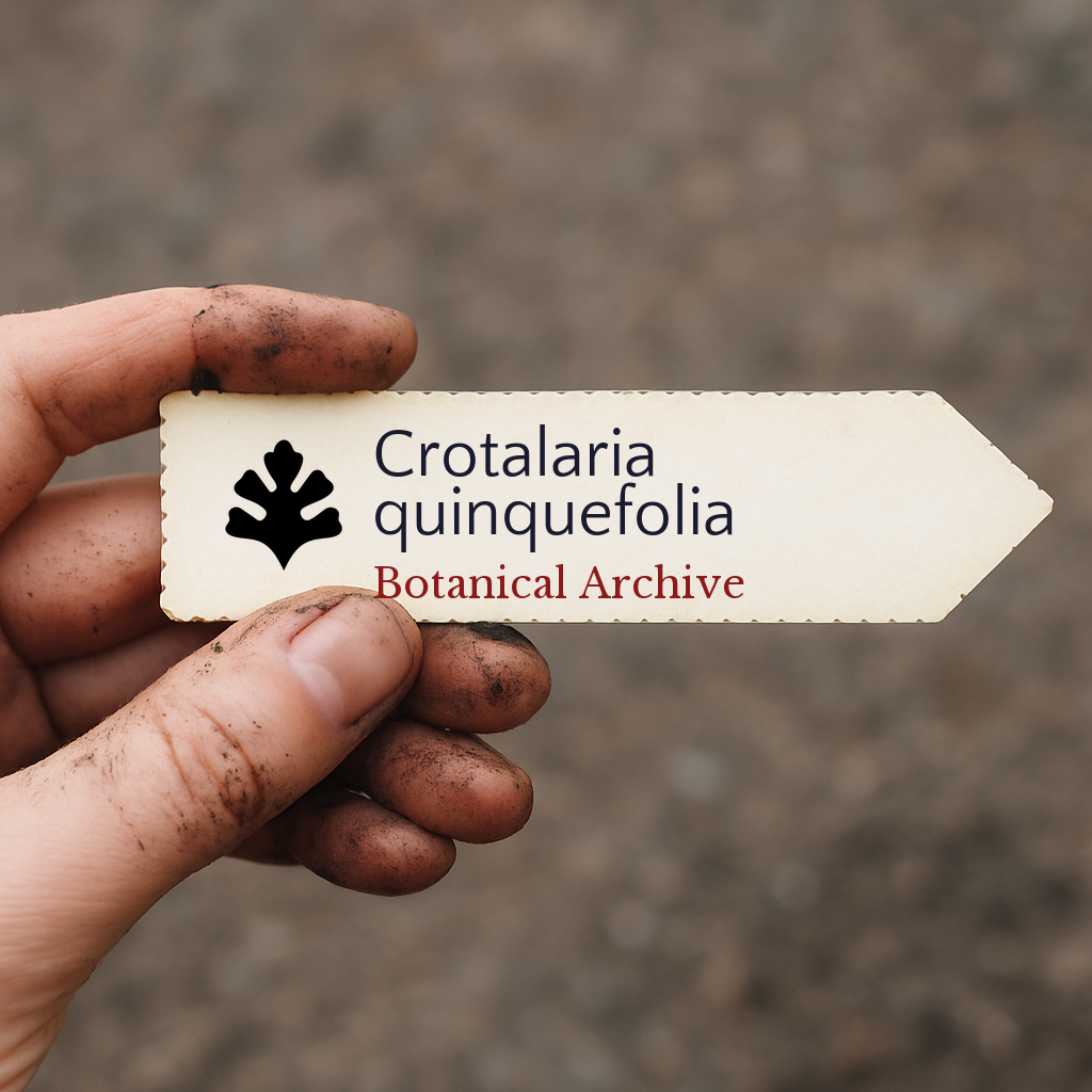 Printed plant label for Crotalaria quinquefolia held by dirty hand outdoors