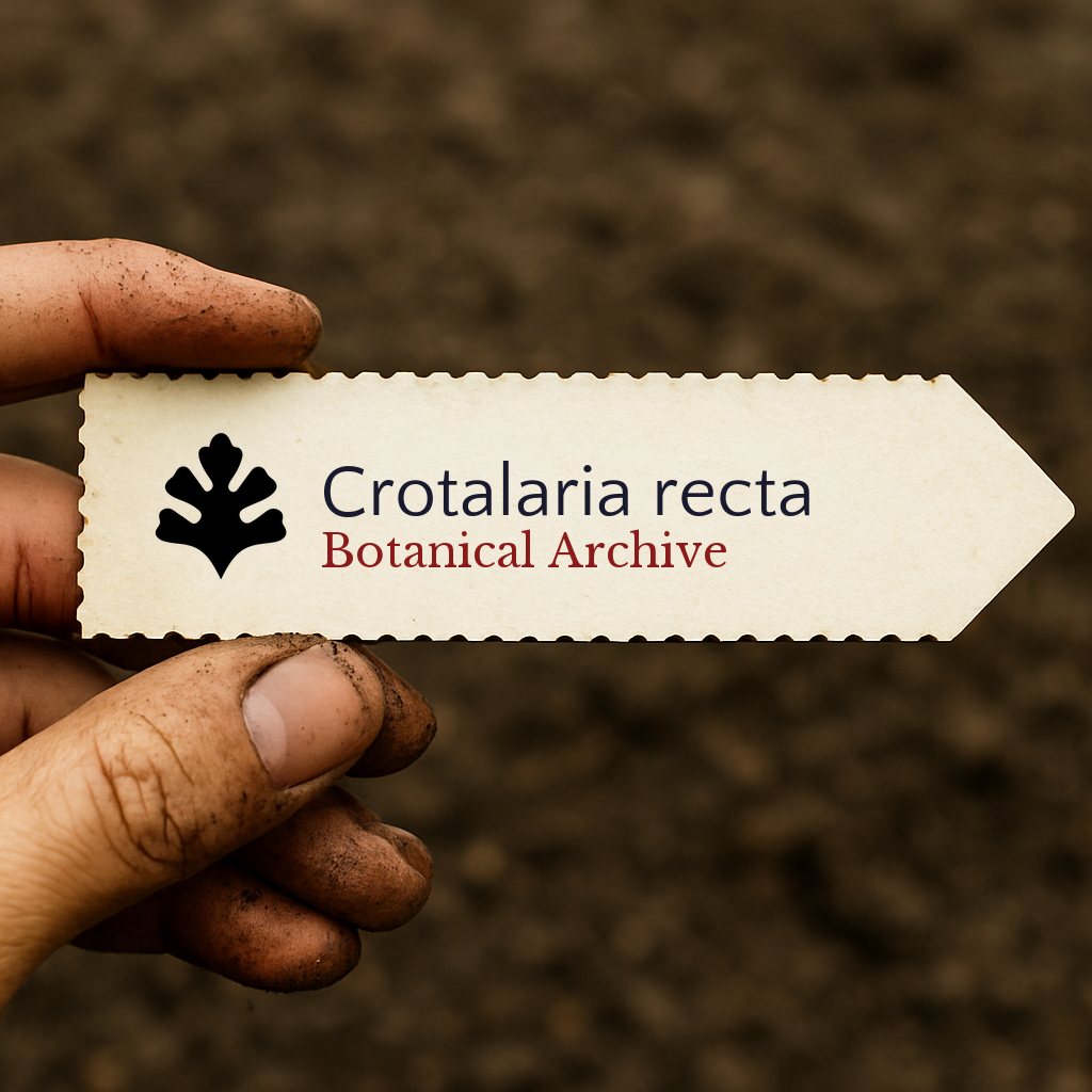 Etichetta per pianta stampata per Crotalaria recta tenuta da una mano sporca su sfondo di terreno