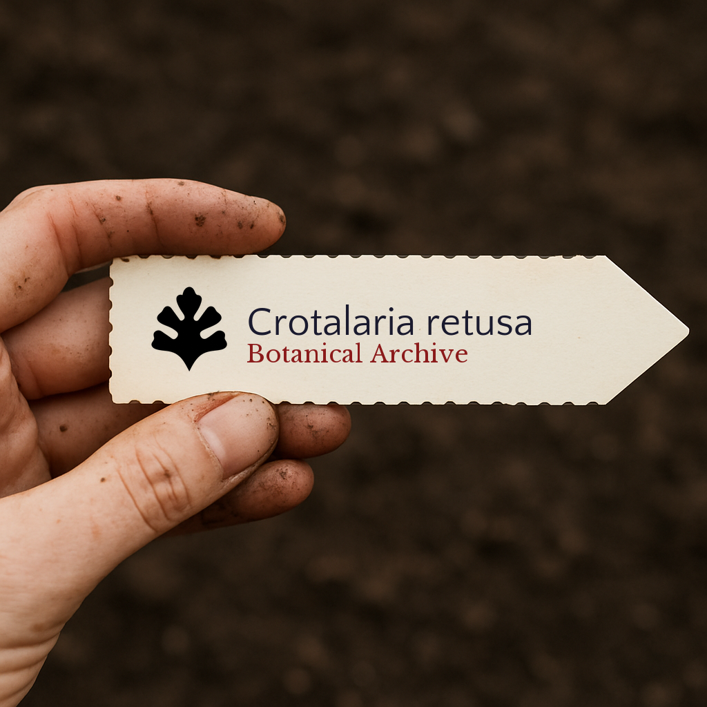 Etichetta stampata per pianta di Crotalaria retusa tenuta da mano sporca su sfondo di terreno
