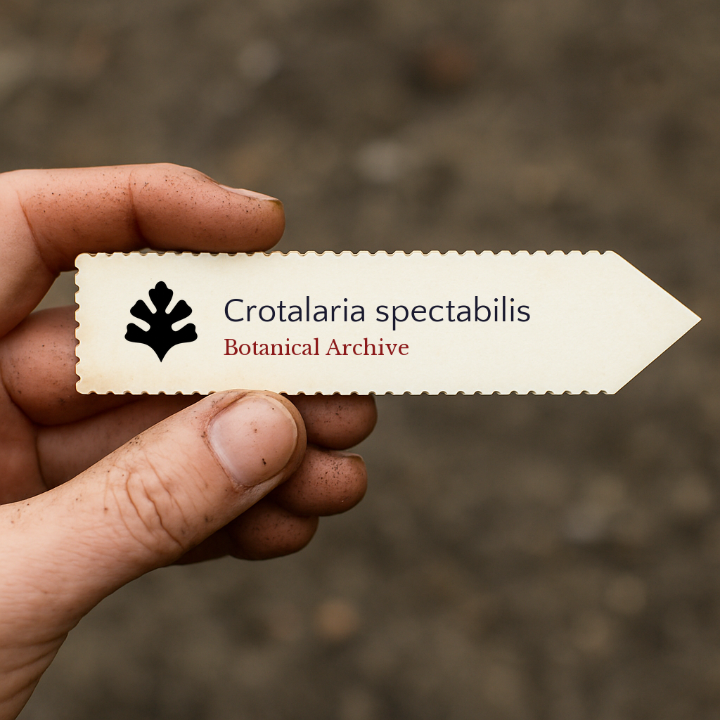 Printed plant label for Crotalaria spectabilis held by hand with soil background