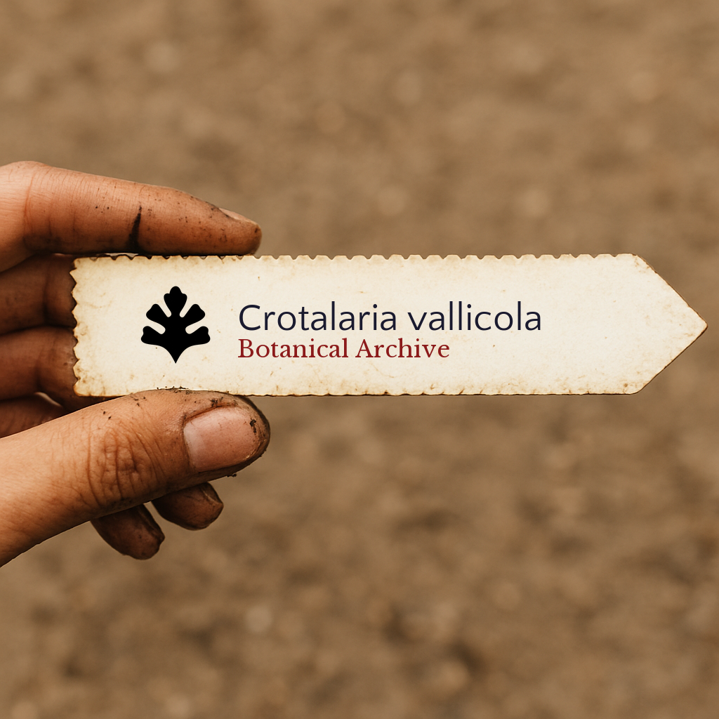 Etichetta per pianta stampata per Crotalaria vallicola tenuta da mano sporca su sfondo di terra