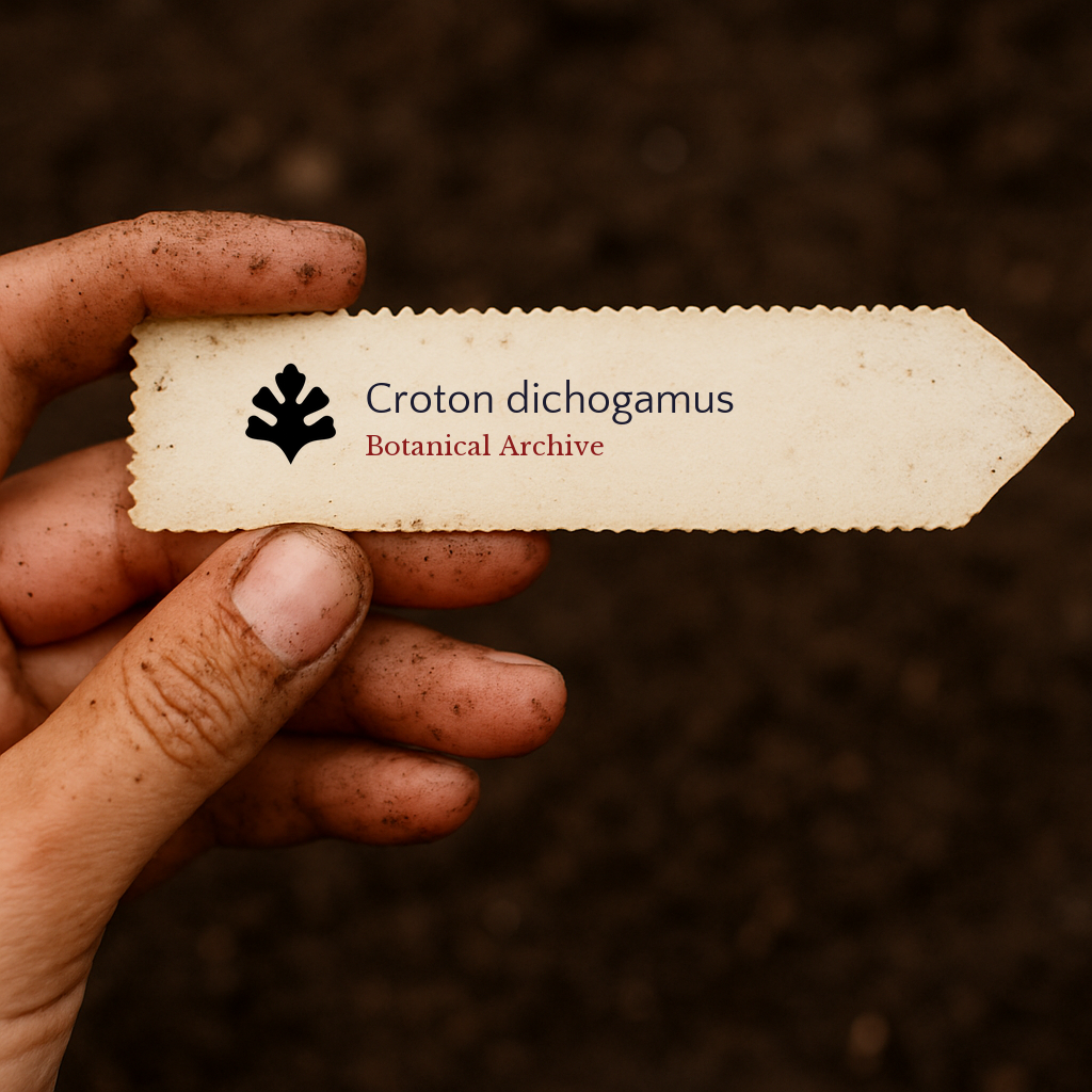 Printed plant label for Croton dichogamus held by dirty hand over soil background