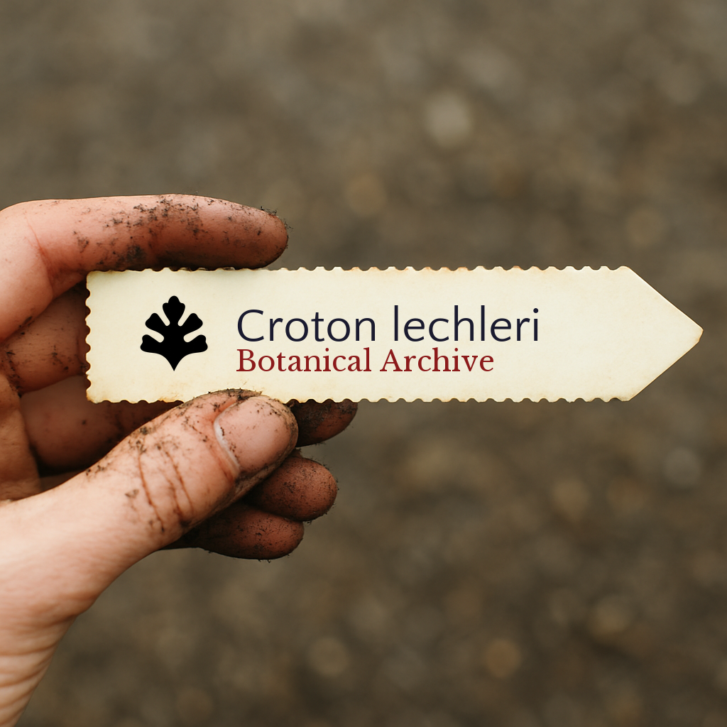 Printed plant label for Croton lechleri held by dirty hand with blurred soil background