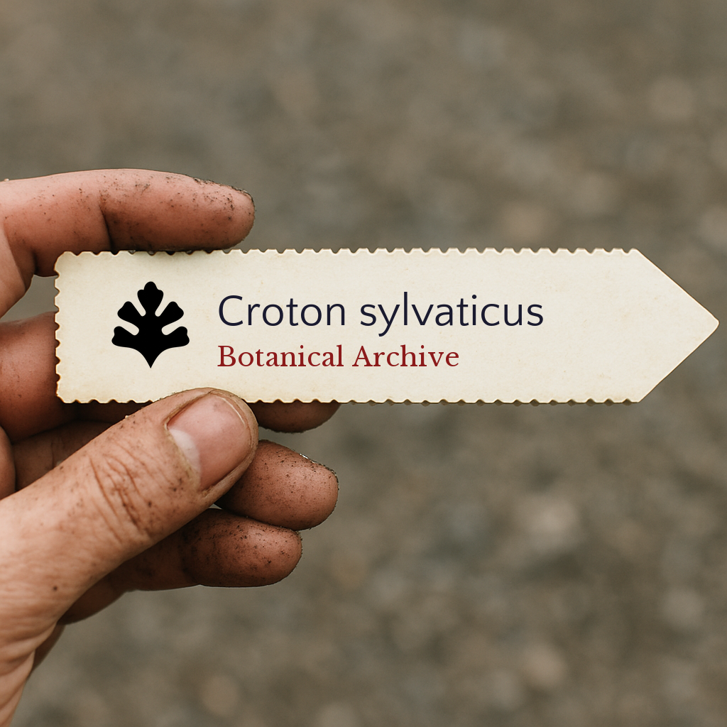 Printed plant label for Croton sylvaticus held by hand with dirt on fingers