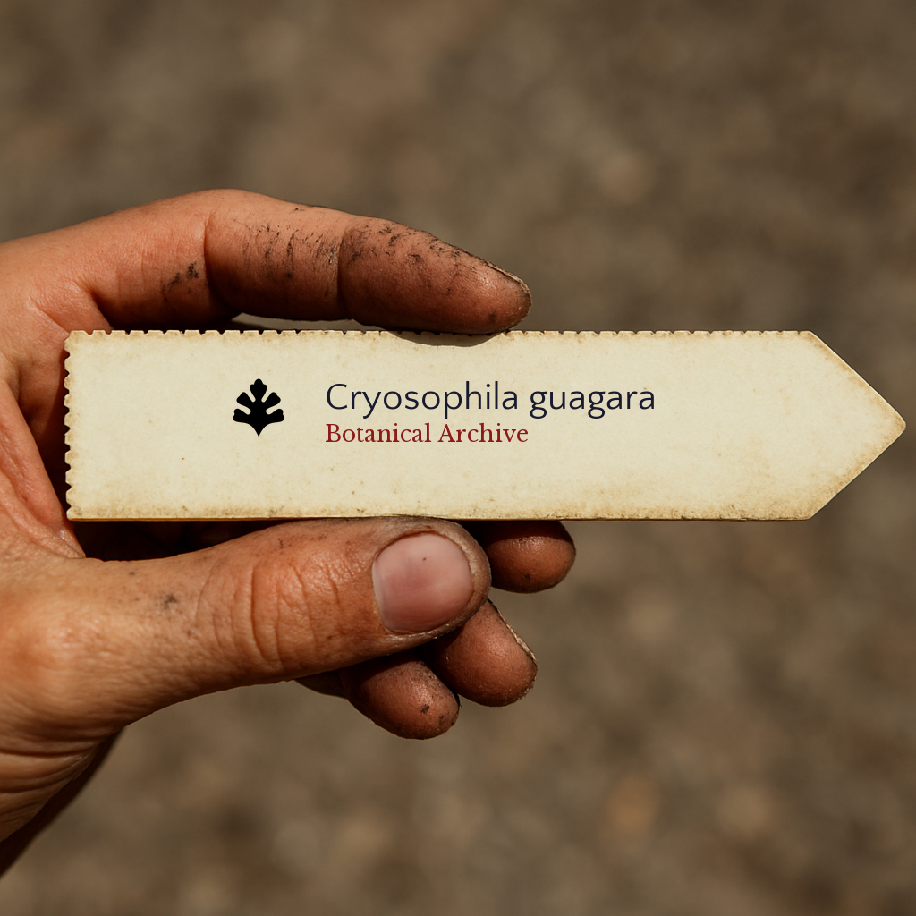 Printed plant label for Cryosophila guagara held by dirty hand outdoors