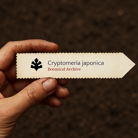 Etichetta stampata per pianta di Cryptomeria japonica tenuta a mano con sfondo di terreno