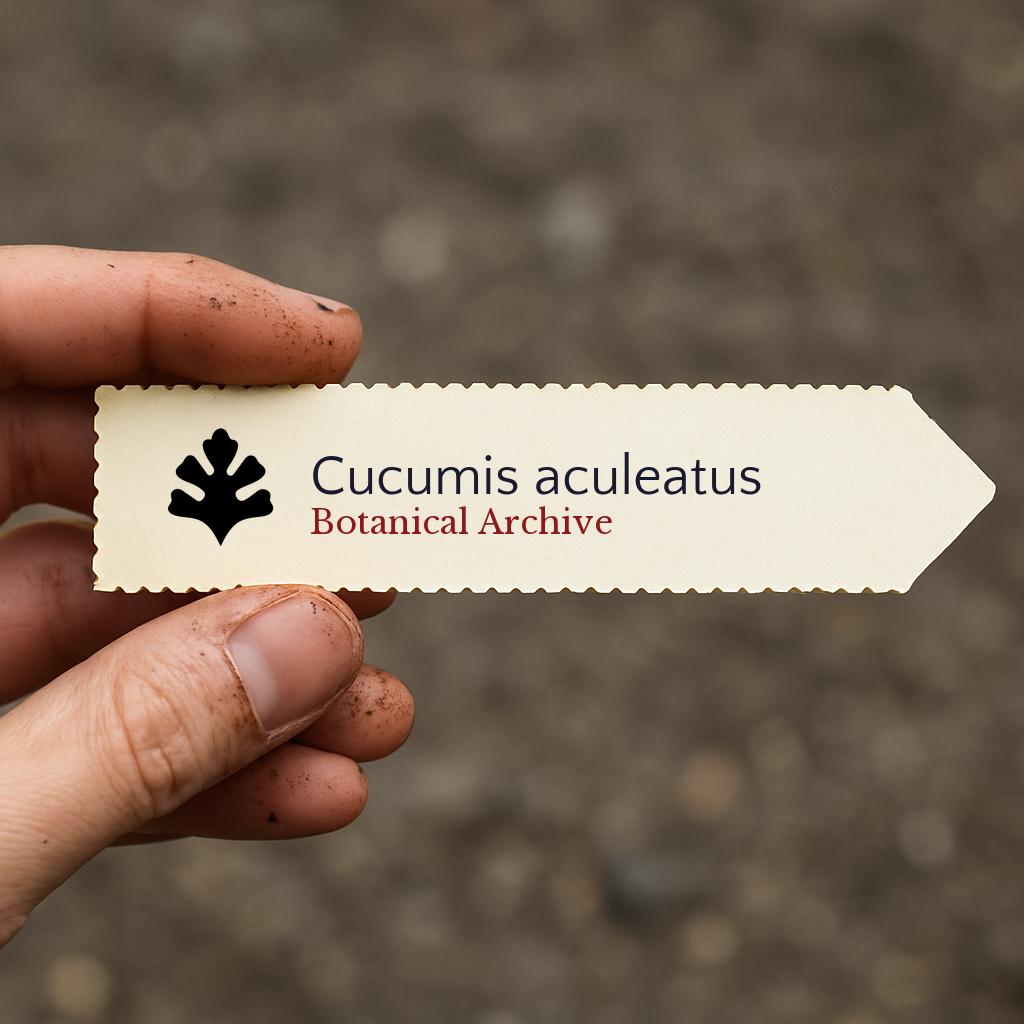 Printed plant label for Cucumis aculeatus with botanical archive logo held by hand
