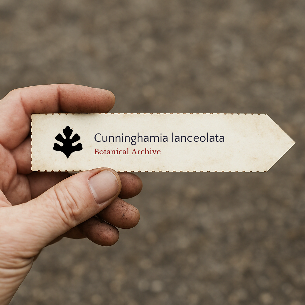 Etichetta della pianta stampata per Cunninghamia lanceolata tenuta da una mano con dita macchiate di terra