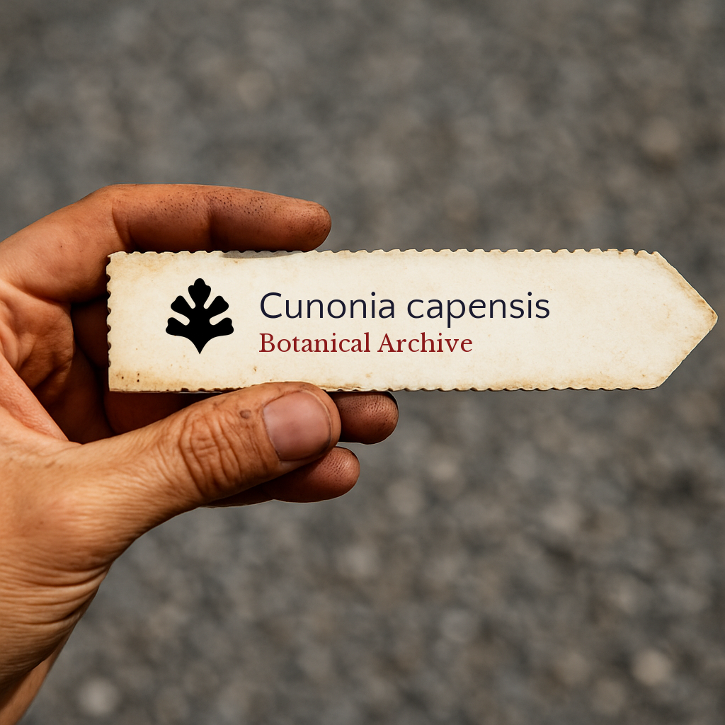 Etichetta stampata per pianta Cunonia capensis con testo Botanical Archive tenuta in mano