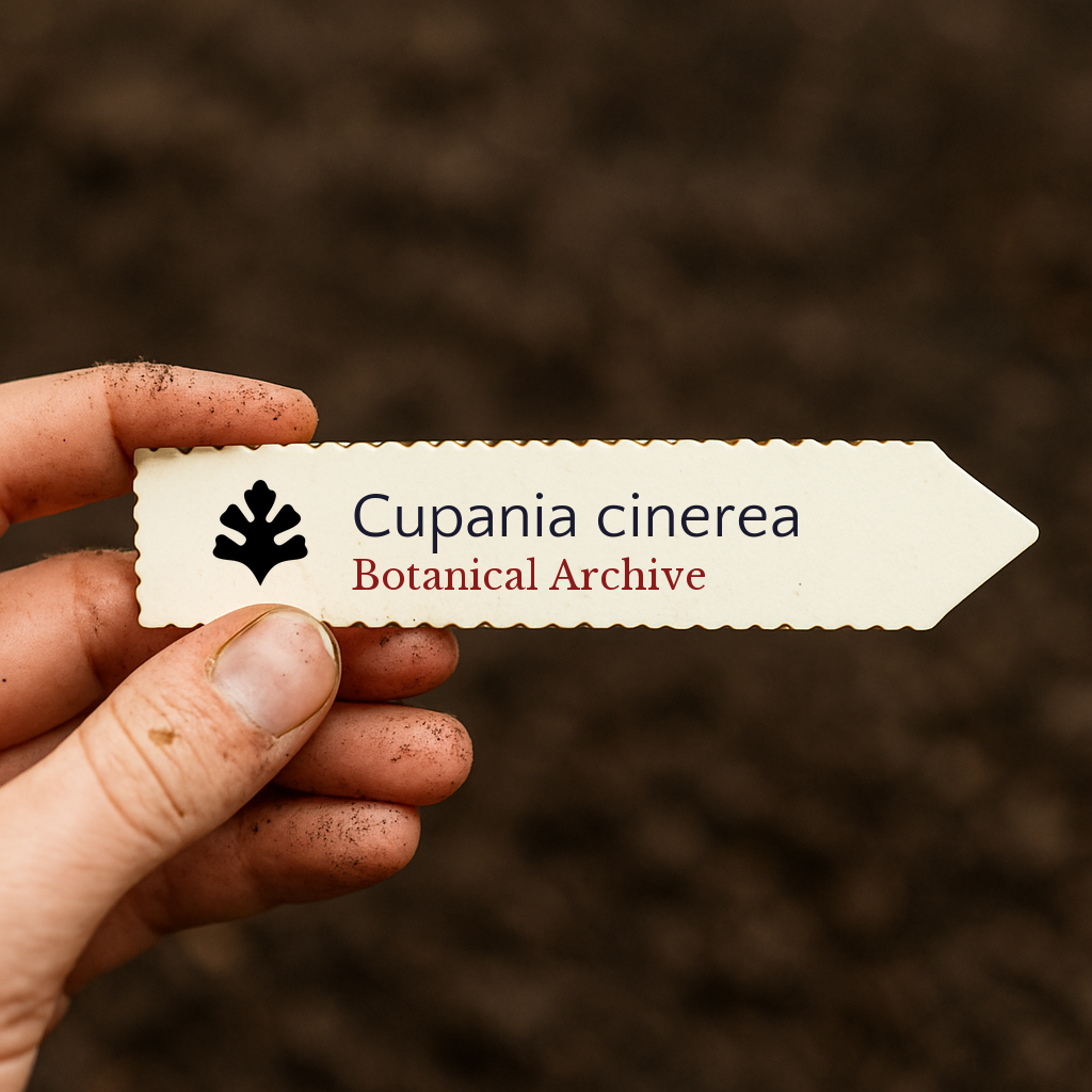Printed plant label for Cupania cinerea held by hand with soil background