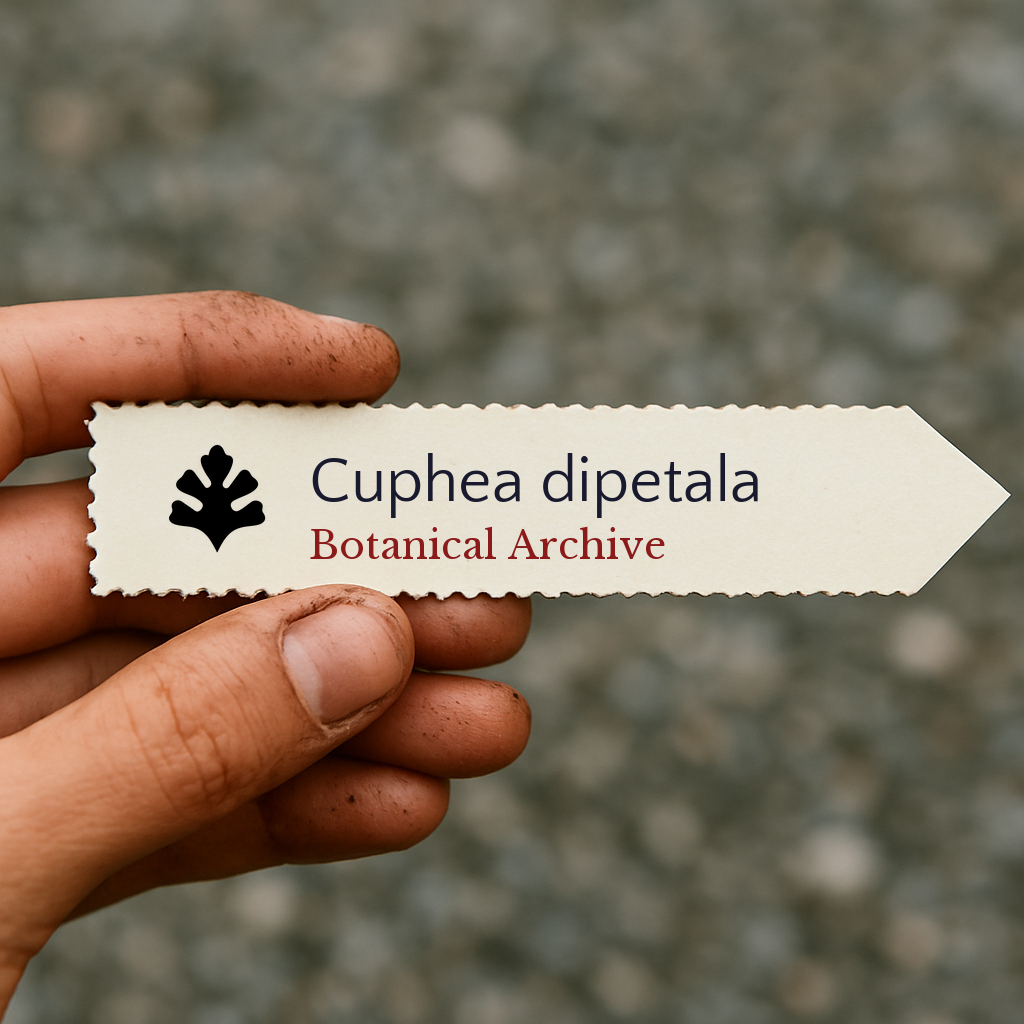 Etichetta stampata per pianta di Cuphea dipetala con testo di Botanical Archive tenuta da mano sporca
