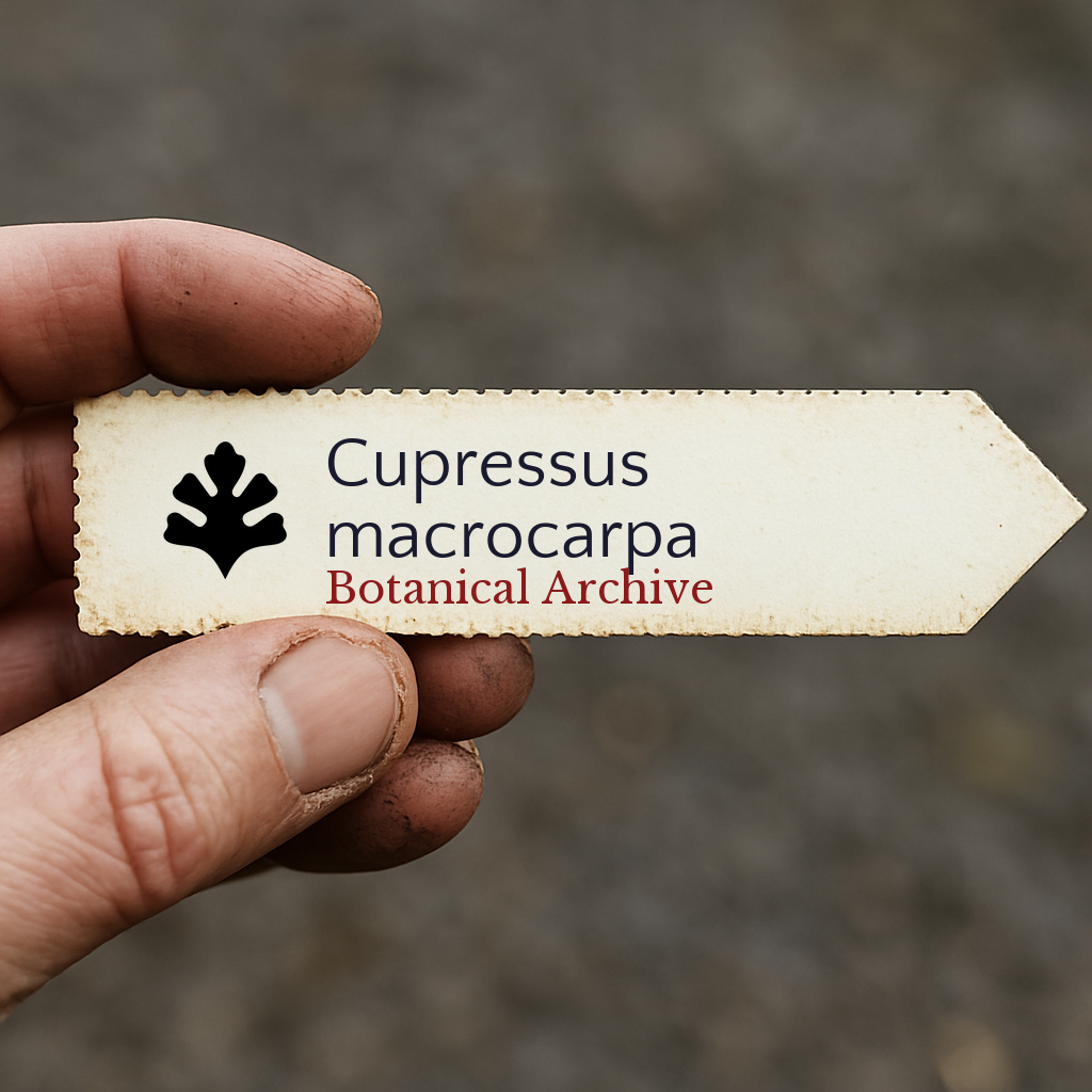 Printed plant label for Cupressus macrocarpa held by hand with dirt background
