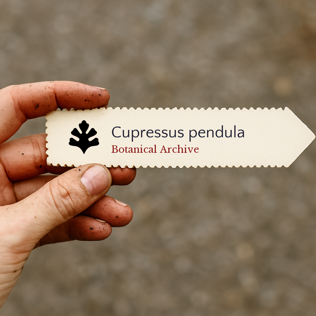 Printed plant label for Cupressus pendula with botanical archive logo held by hand