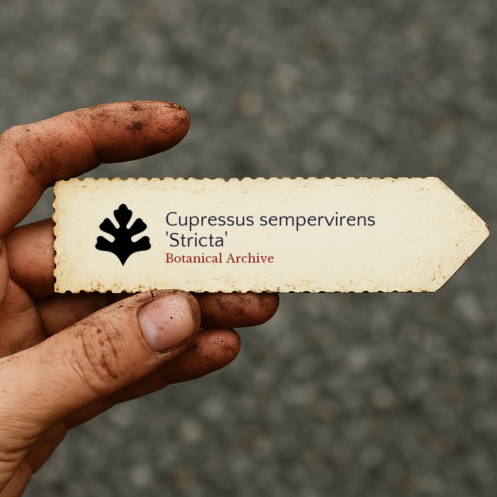 Printed plant label for Cupressus sempervirens 'Stricta' held by dirty hand outdoors