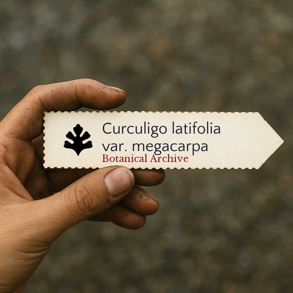 Printed plant label for Curculigo latifolia var. megacarpa held in dirty hand outdoors