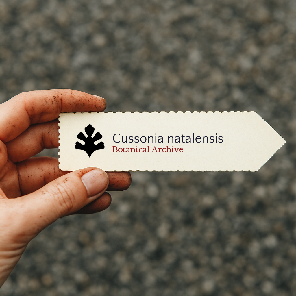 Etichetta per pianta stampata per Cussonia natalensis con logo di Botanical Archive tenuta a mano