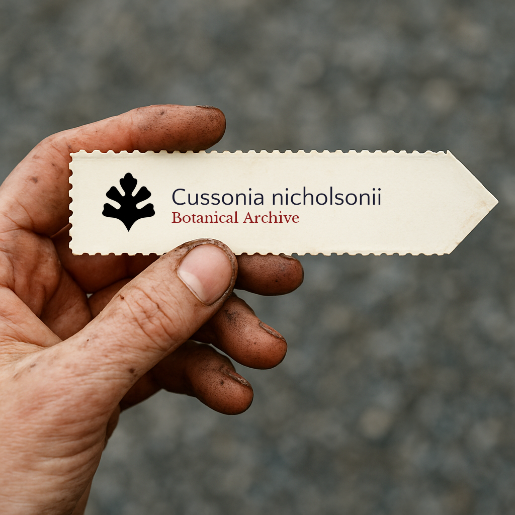 Etichetta plantare stampata per Cussonia nicholsonii tenuta da mano sporca all'aperto