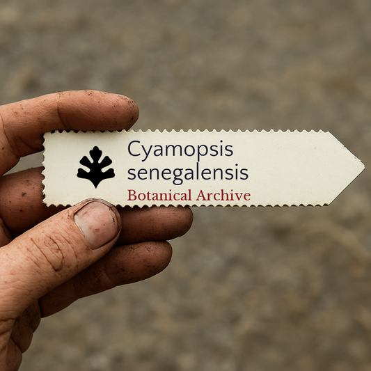 Etichetta stampata per pianta di Cyamopsis senegalensis con il logo Botanical Archive tenuta da una mano sporca