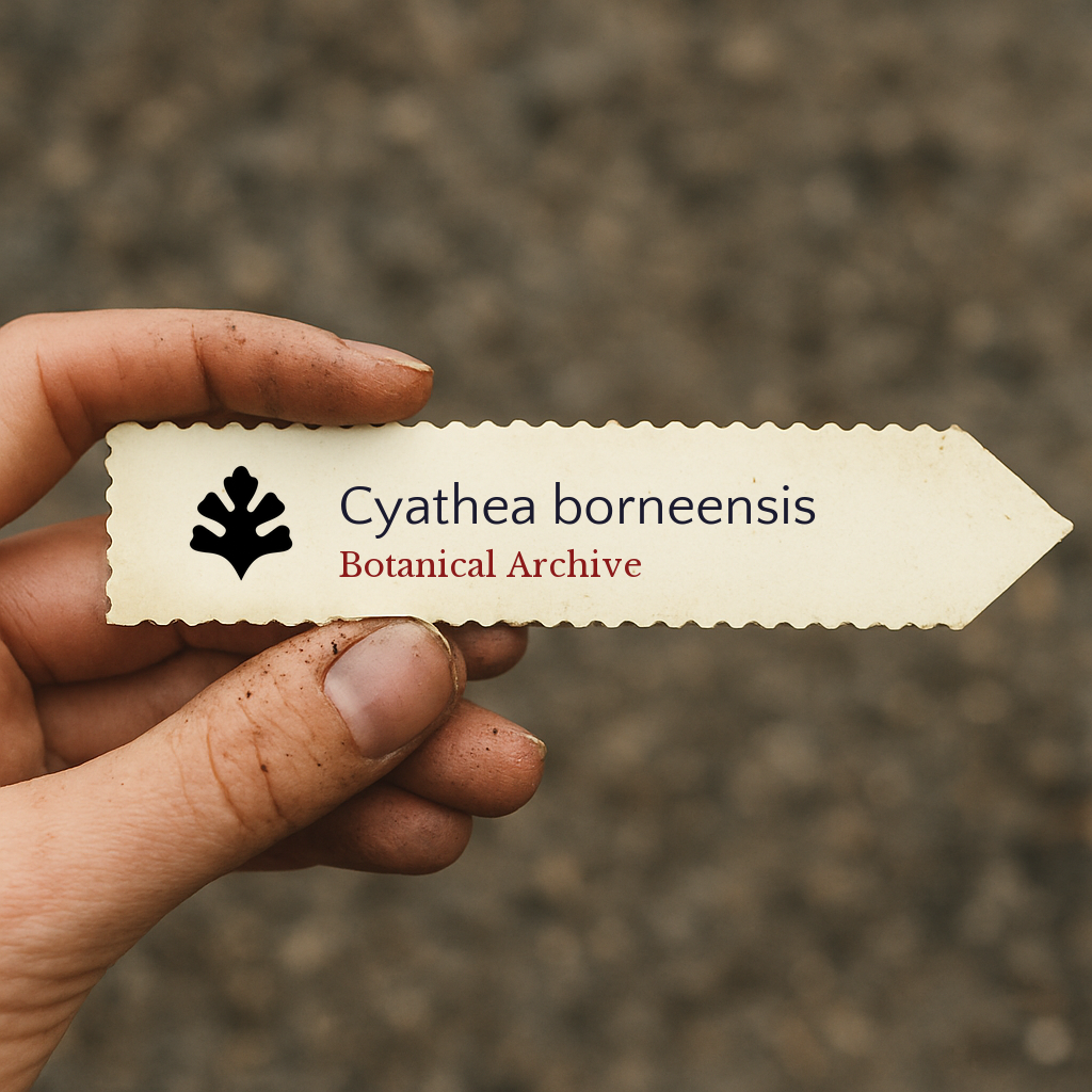 Etichetta per piante stampata per Cyathea borneensis con logo di Botanical Archive tenuta in mano
