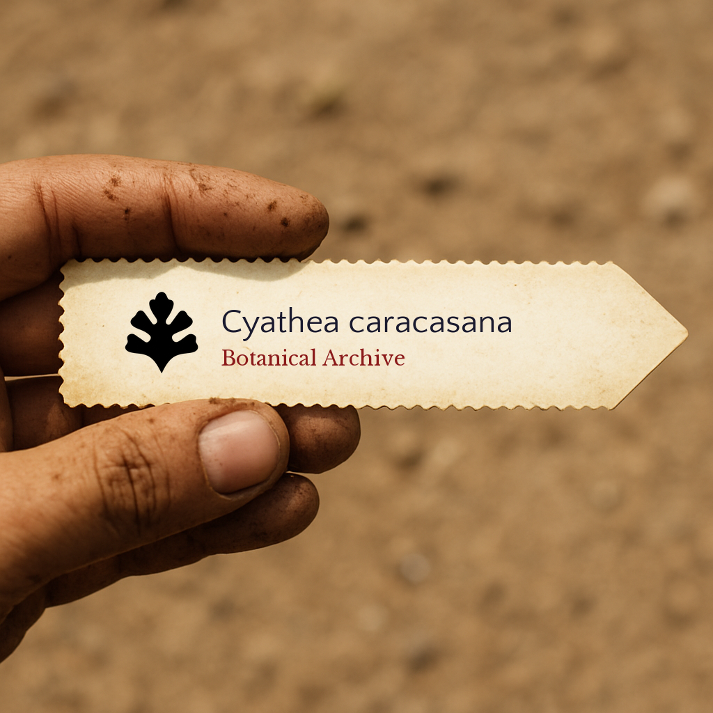 Printed plant label for Cyathea caracasana held by dirty hand against soil background