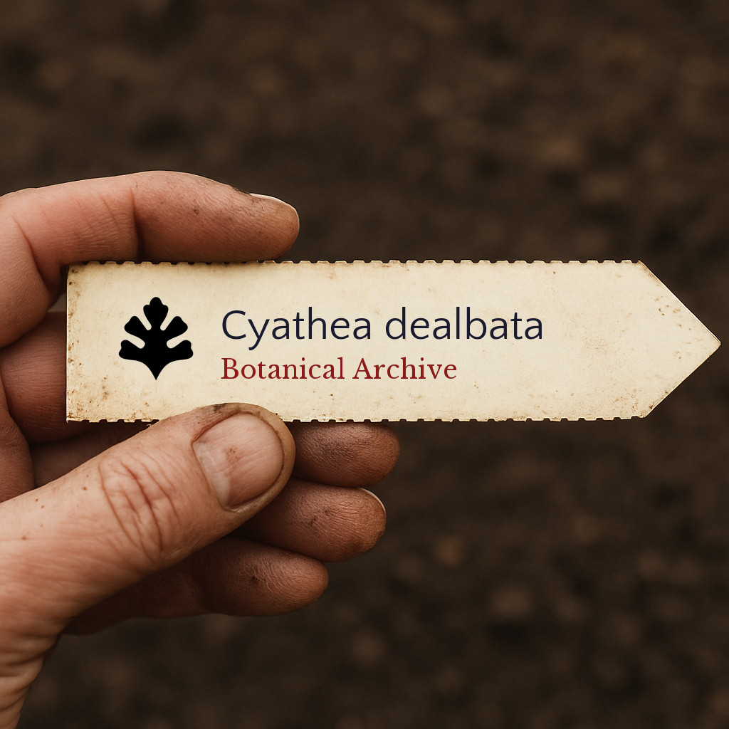 Printed plant label for Cyathea dealbata held by hand over soil background