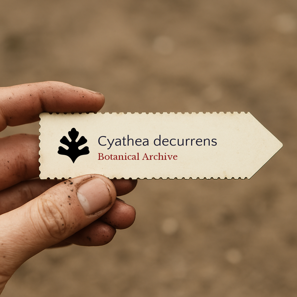 Etichetta per piante stampata per Cyathea decurrens tenuta a mano con sfondo di terreno