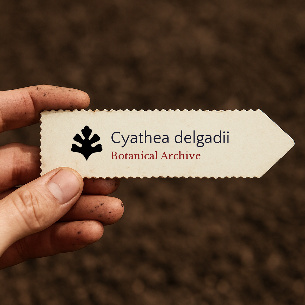 Printed plant label for Cyathea delgadii with botanical archive logo held over soil background