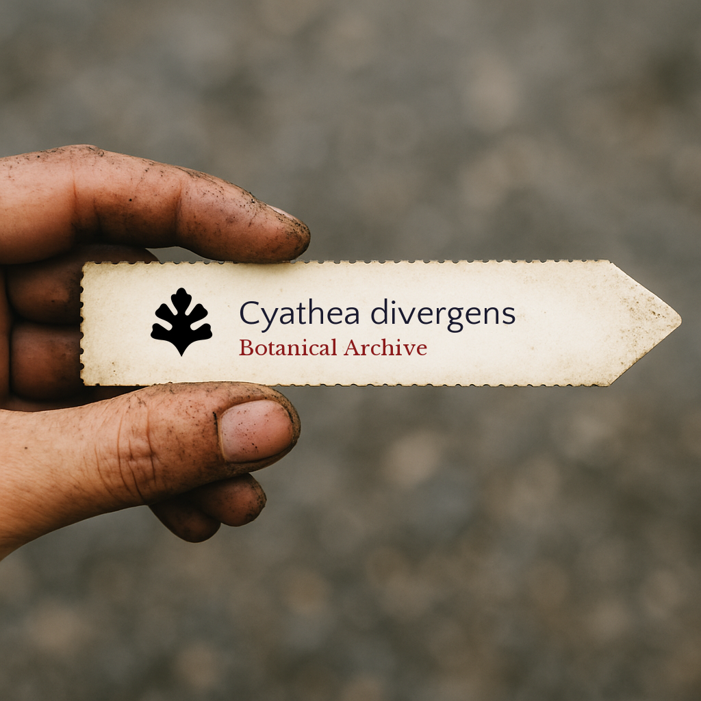 Printed plant label for Cyathea divergens held by dirty hand against blurred background