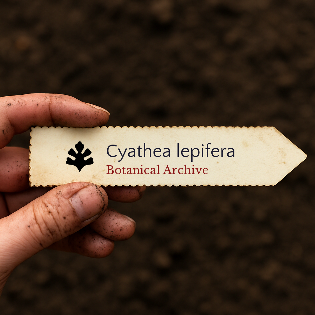 Printed plant label for Cyathea lepifera held by hand with soil background