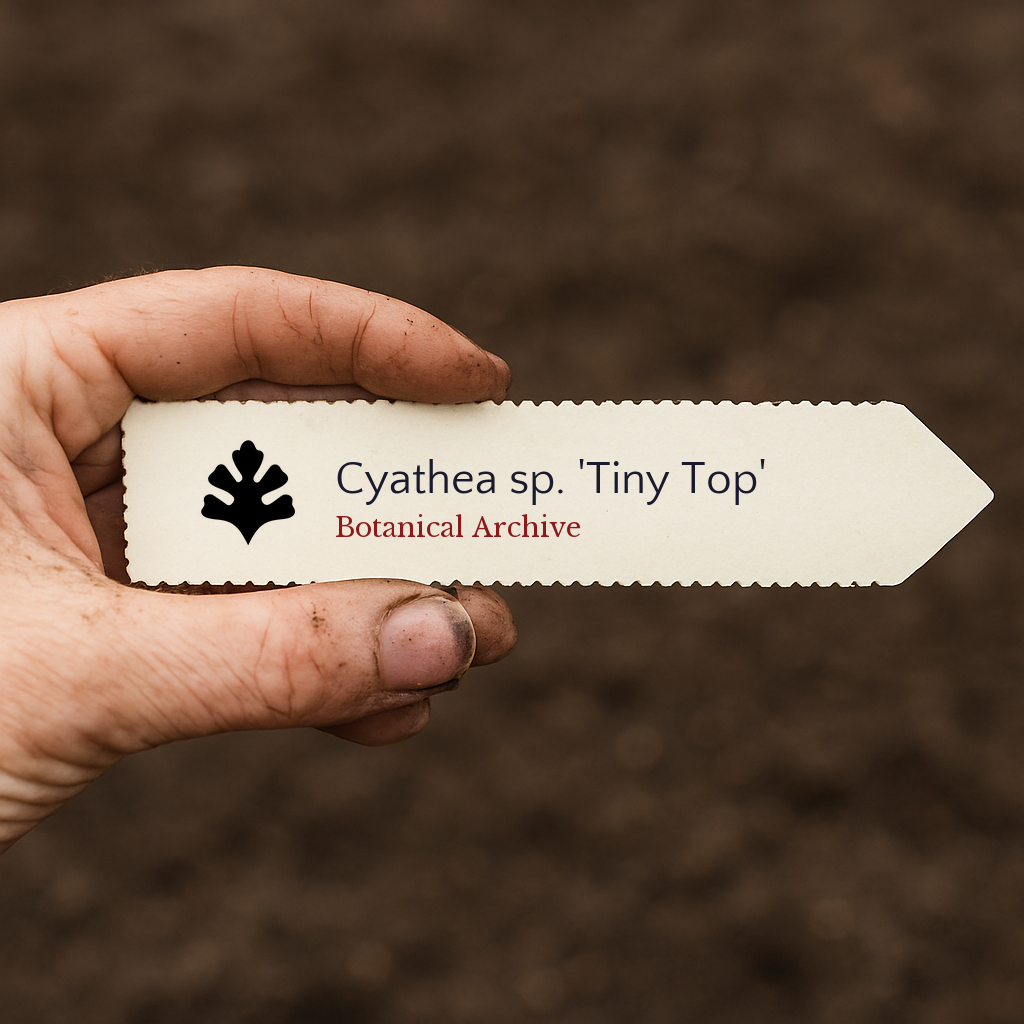Printed plant label for Cyathea sp. 'Tiny Top' held by hand over soil background